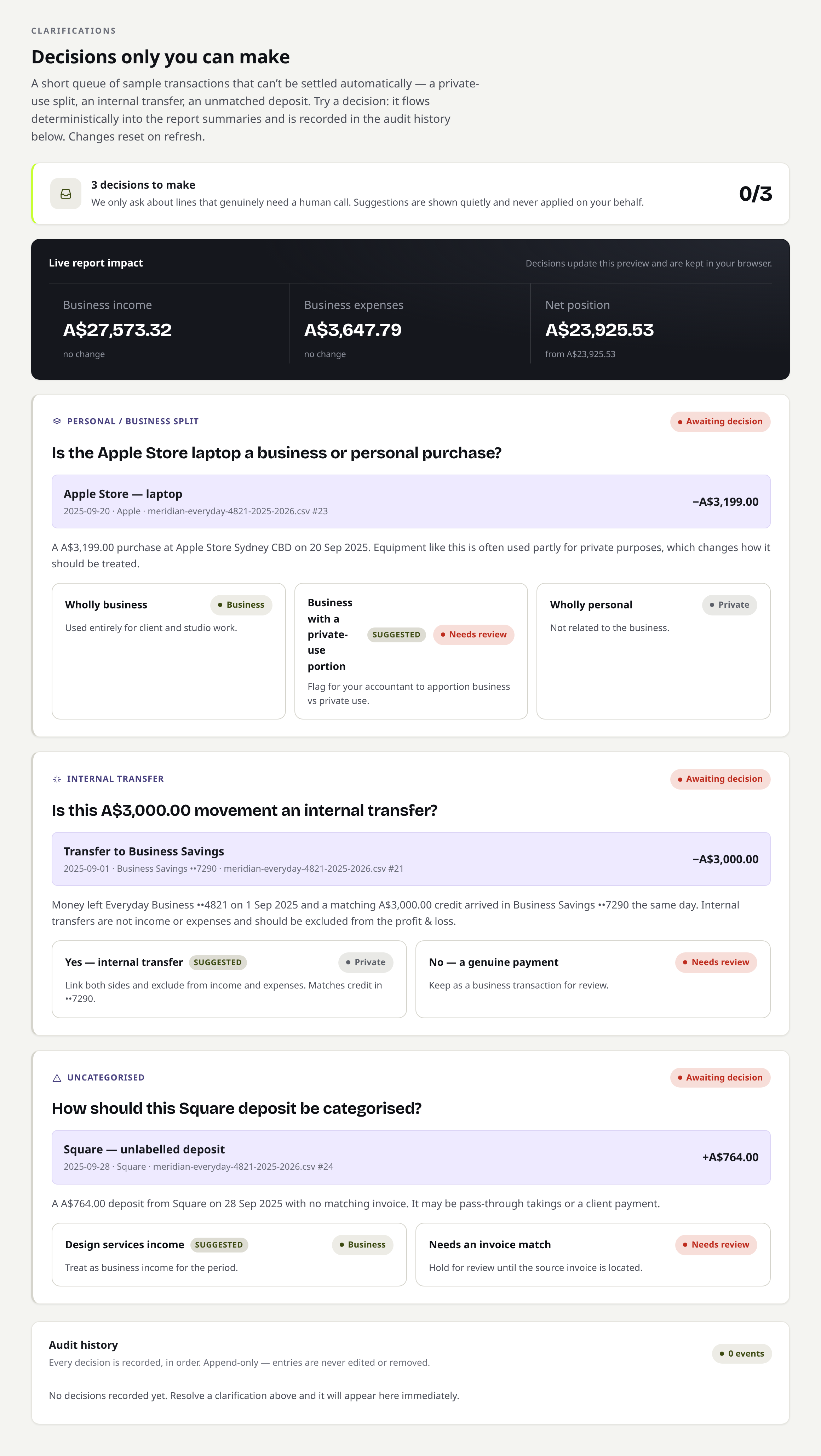 FinPak clarifications on seeded sample data: a plain-language question about a laptop purchase with three options, above a live report-impact summary.